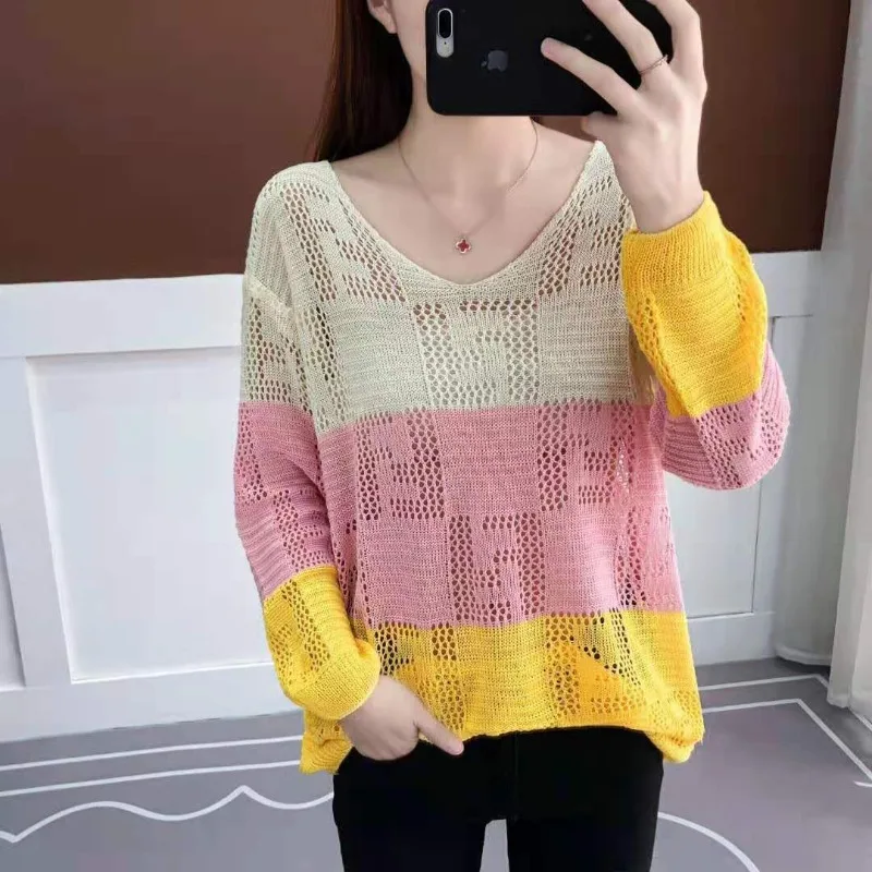 

2023 Autumn and Winter Women's Pullover Round Neck Hollow OutPatchwork Loose Underlay Fashion Casual Elegant Long Sleeve Tops