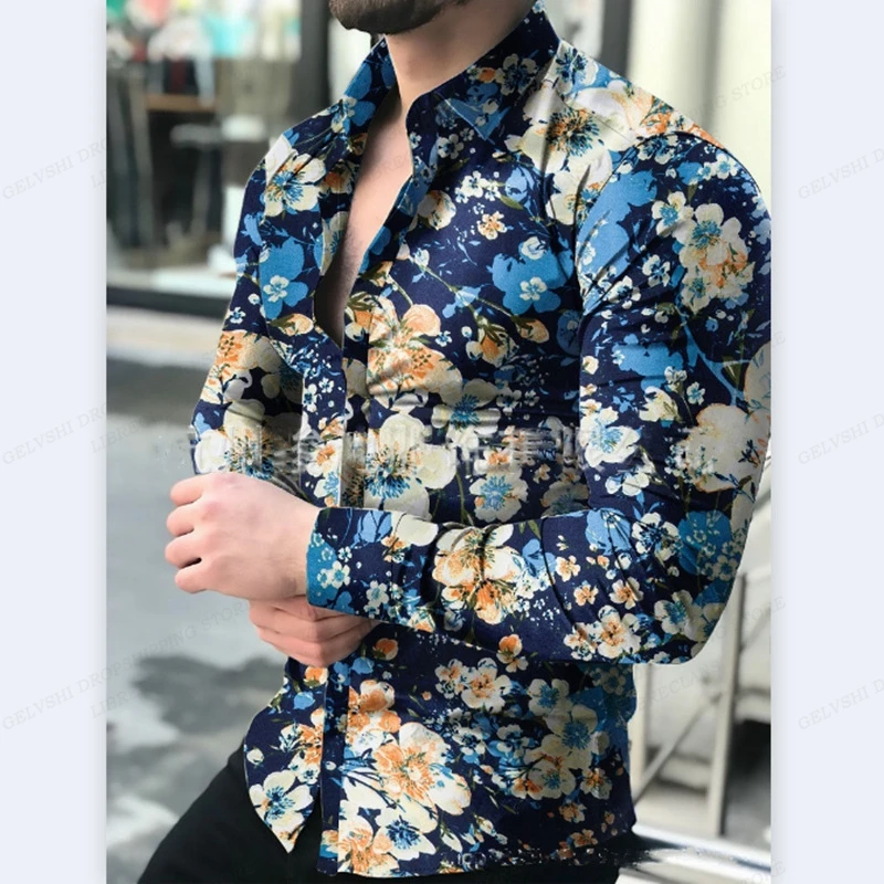 Camisa floral havaiana de manga comprida masculina, blusas da moda, blusa de praia Cuba, gola virada, botão para cima