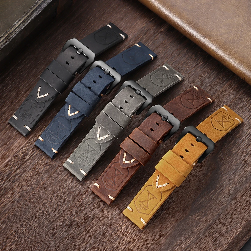 Handmade Top Layer Cowhide Watchband 20 22 24 26mm Black Brown Male Leather Thickening Strap for Panerai Series Retro Style