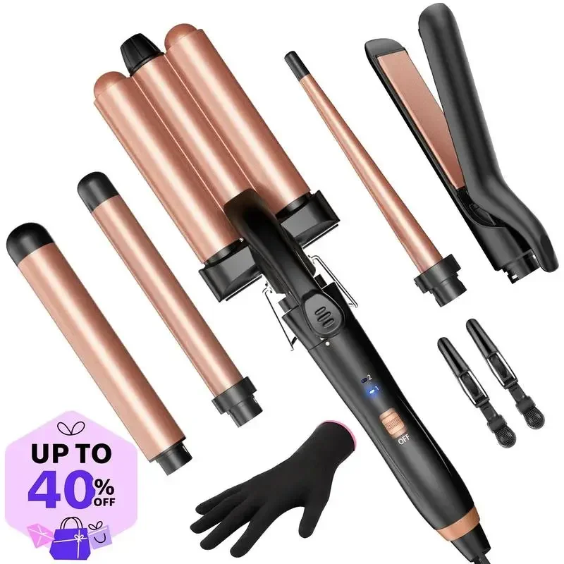 BESTOPE PRO 5 in 1 Wand Curling Iron-Curling Wand Set with Hair Straightener, 3 Ceramic Curling Irons