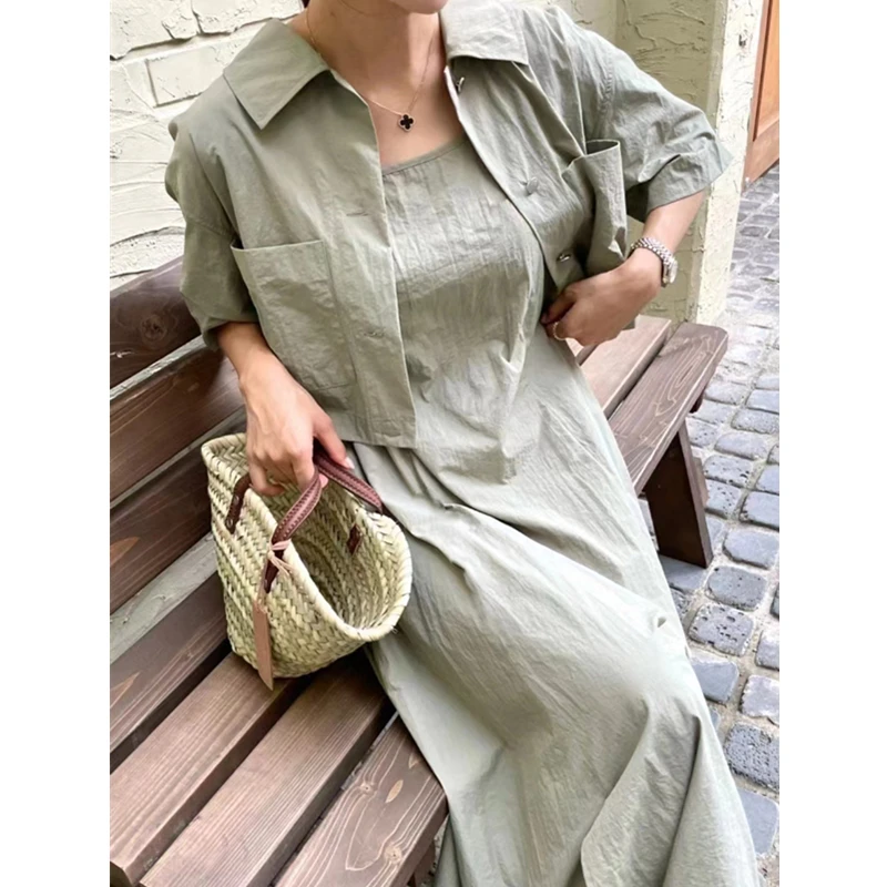 REALEFT 2024 New Summer 2 Pieces Women\'s Dress Suits Turn-down Short Jacket and Solid Casual Tank A-Line Dress Sets Outfits