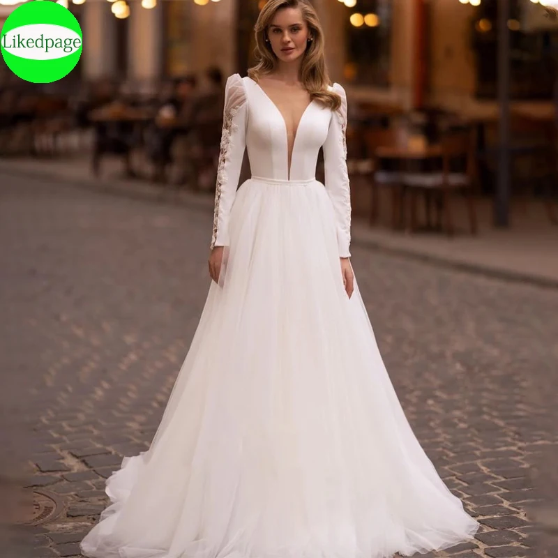 

Elegant Appliques Wedding Dresses For Women 2024 Sexy Deep V-Neck Vestidos De Novia With Belt Long Sleeves Bridal Robe De Mariée