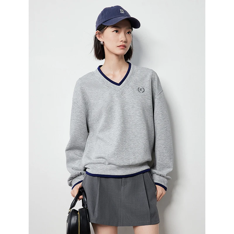 TOYOUTH Women Hoodie 2024 Autumn New Contrasting Color V Neck Splicing Split Design Pullover Tops Gray