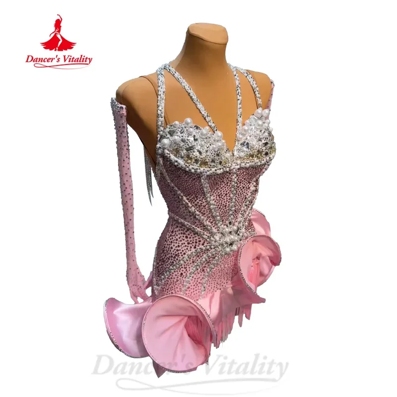 Latin Dance Performance Costume Customized Luxury Full Diamond Exquisite Pearl Fishtail Skirt Tango Chacha Competition Dresses