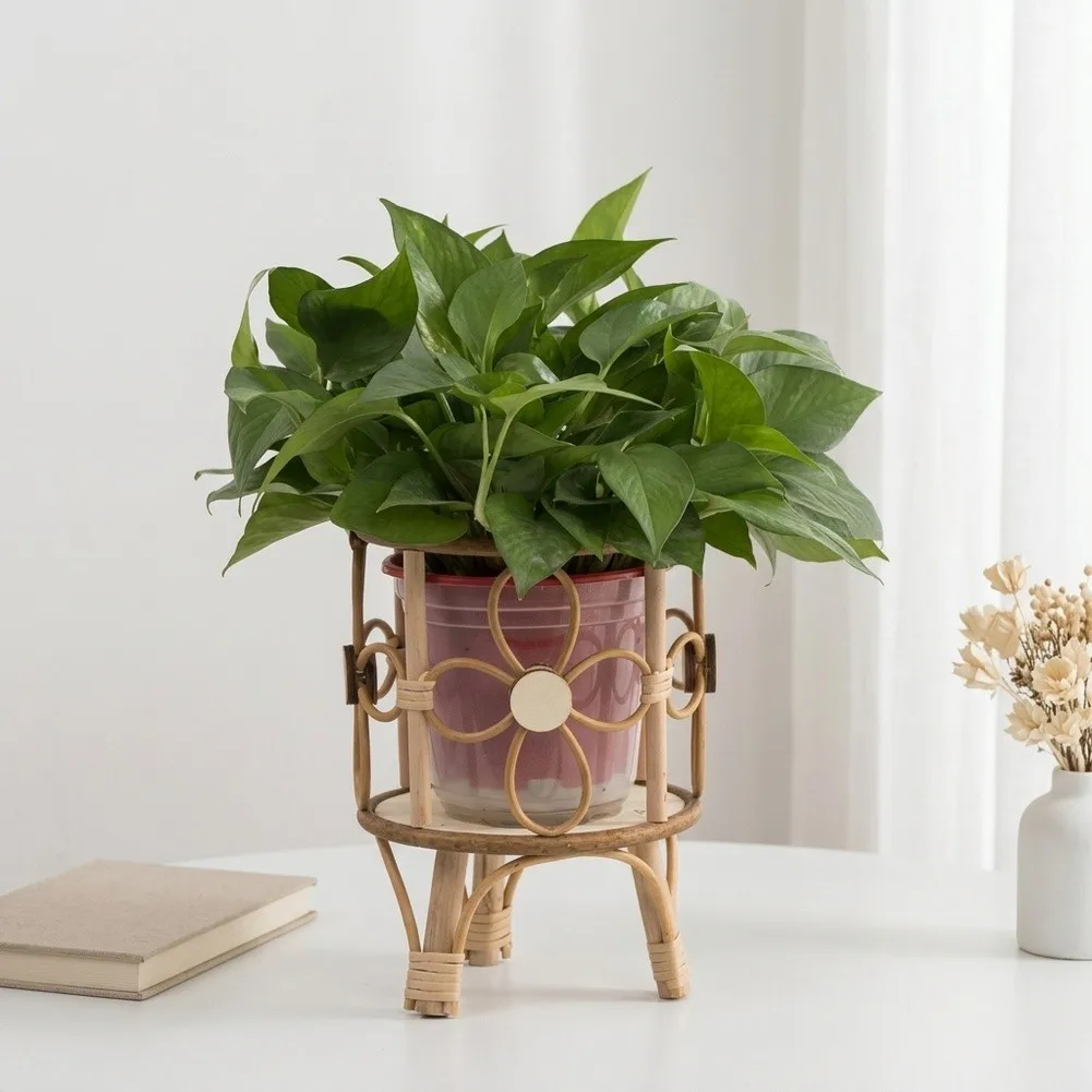 Wicker Plant Stand Made from for Natural Rattan with Wooden Legs for Indoor Outdoor Plant Display and Space Saving Decor