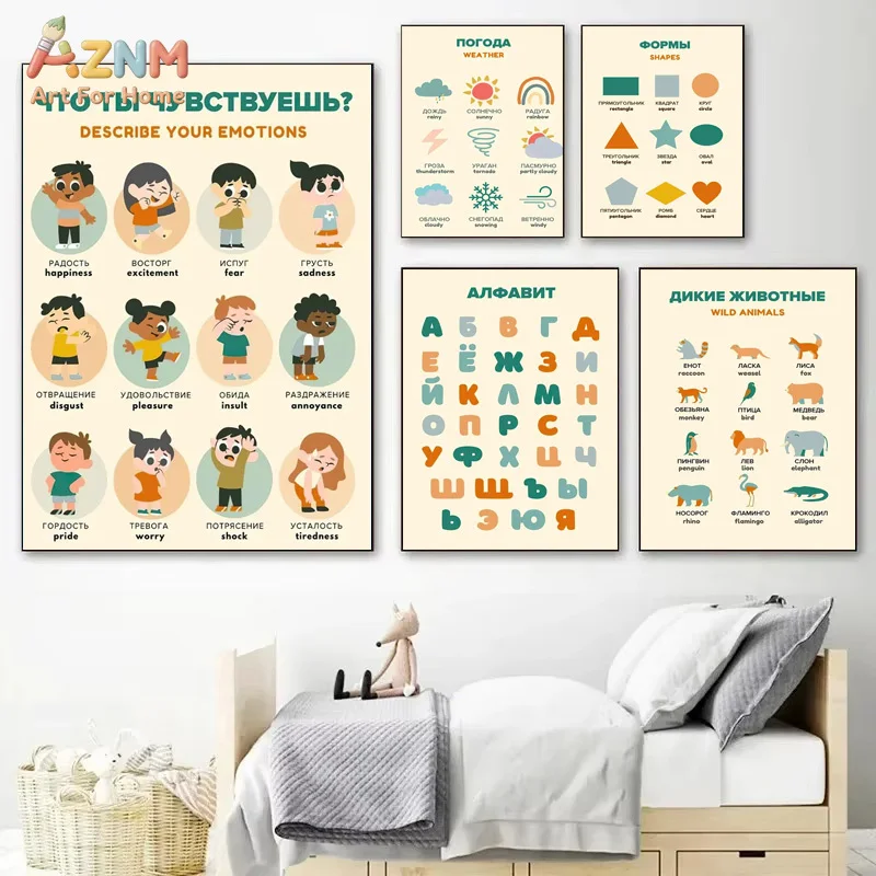 AZNM Russian Educational Learning Canvas Wall Art Alphabet Emotions Weather Shapes Wild Animals Chart Kids Nursery Study Room De