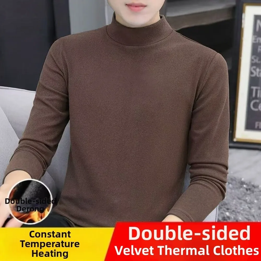 Round Neck Men Velvet Thermal Clothes Feel Heating Long Sleeved Thermal Underwear Double-sided Velvet Fleece Warmth Long Tops