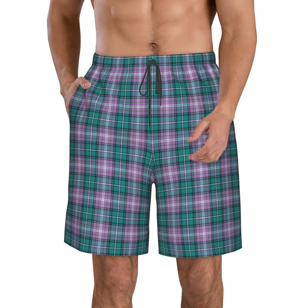 Purple Scottish Tartan Plaid Trunks Beach Board Shorts Casual Quick Dry Swimming Summer Men Pants