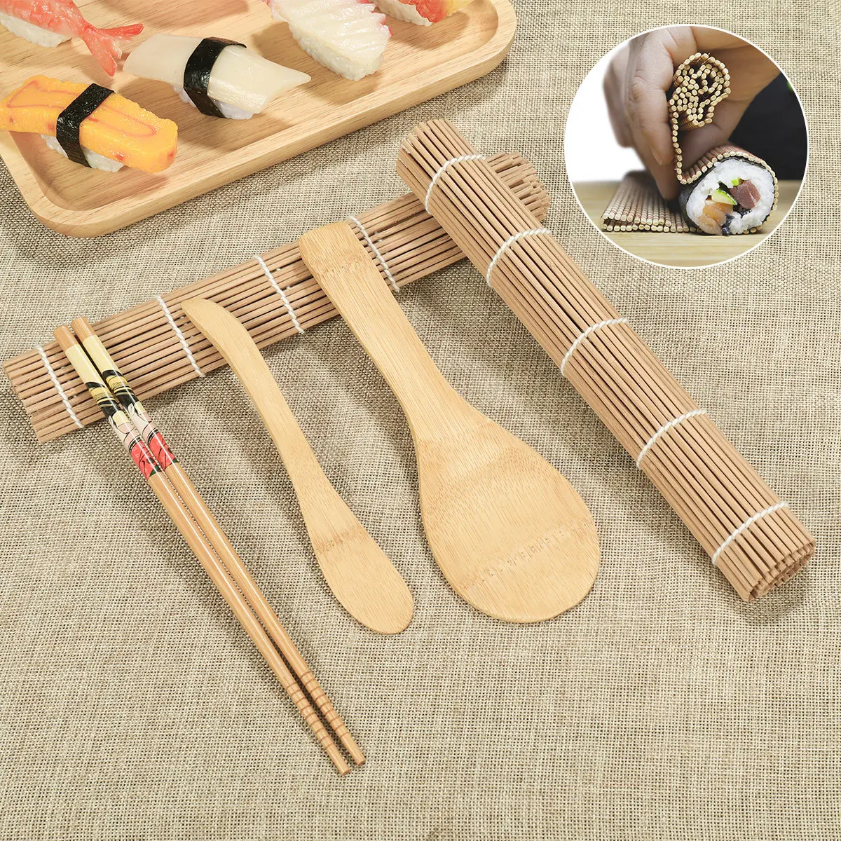 Kit de herramientas para enrollar sushi: pala de bambú, esterilla para enrollar, rodillo fácil de usar y utensilios para hacer sushi.