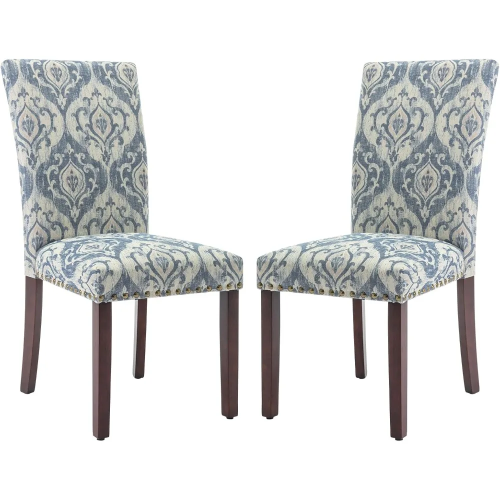 كراسي طعام بارسونز منجدة من القماش الأزرق، مجموعة من 2 مع حواف رأس الأظافر وأرجل خشبية للمطبخ أو غرفة الطعام #1