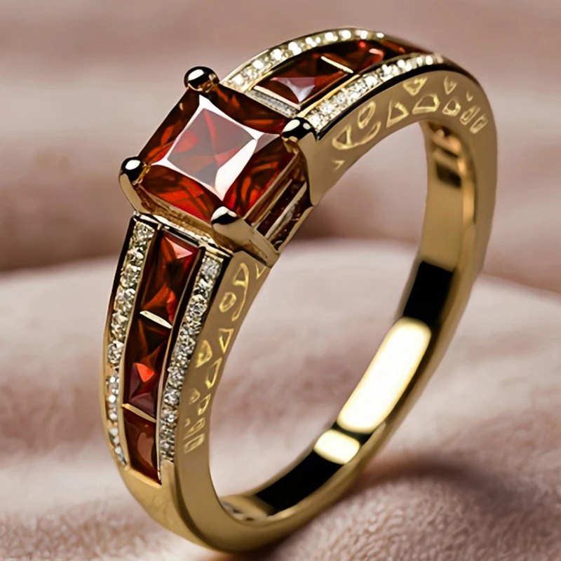 Huitan Princess Garnet Cubic Zirconia Rings for Women Luxury Gold Color Wedding Band Accessories Elegant Lady’s Party Jewelry