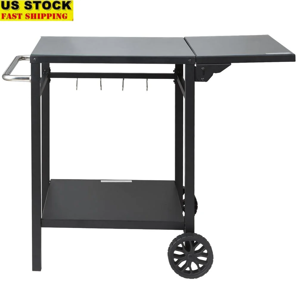 

Movable Outdoor Grill Dining Cart Double Shelf Portable BBQ Cooking Trolley with Hooks and PVC Mat Ideal Camping Parties