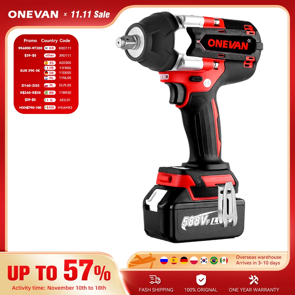 ONEVAN 1800 N.M Torque Brushless Electric Impact Wrench Cordless Wrench 1/2 inch for Makita 18V Battery Screwdriver Power Tools