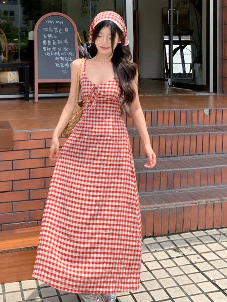 패션 격자 무늬 Camis 드레스 여성 빈티지 휴가 섹시한 백 레이스 스파게티 스트랩 드레스 한국어 슬림 스위트 미디 라인 드레스