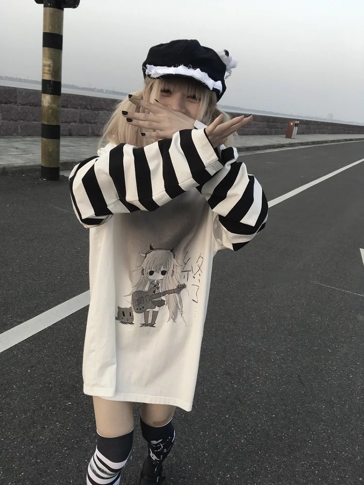 Mikumn T shirts Women Harajuku Stripes Detachable Zipper Long Sleeve Tee Cartoon Print Y2k Tops Female Girls Streetwear T-shirt