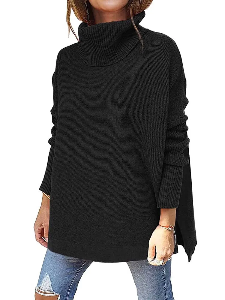 Autumn Winter Women Knitted Long Sweater Loose Oversized Turtleneck Batwing Sleeve Tunic Pullover Tops Jumpers