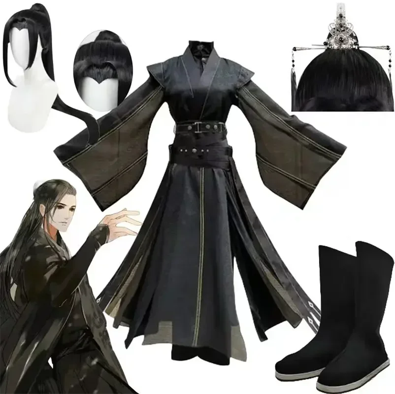 Anime Tian Guan Ci Fu He Xuan Cosplay Costume Heaven Official's Blessing Cosplay Suit Black Chinese Hanfu Outfit Wig Shoes