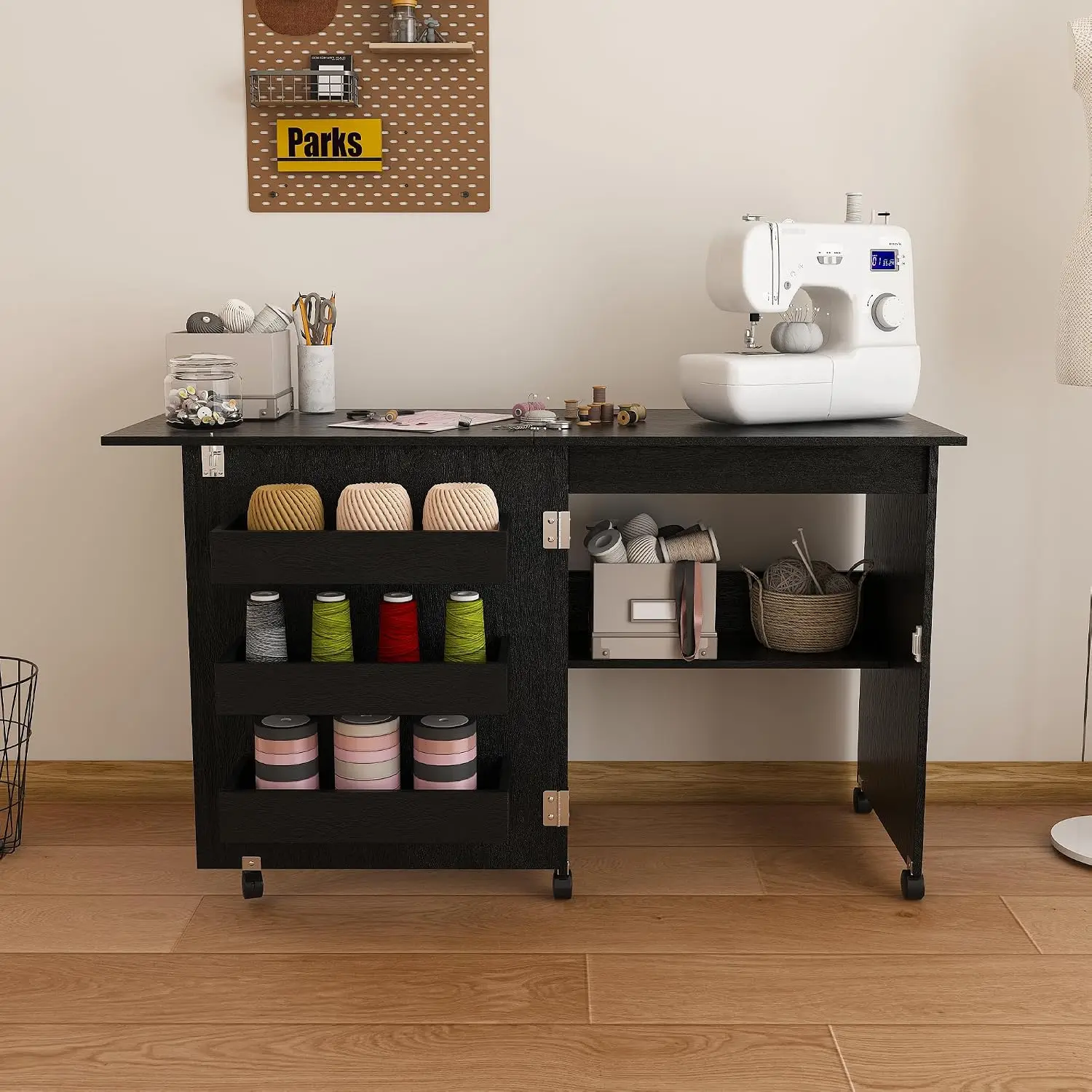 Sewing Table Folding Craft Station Lockable Wheels Rolling Sewing Machine Table Shelves Multi Functional Workbench Small Spaces