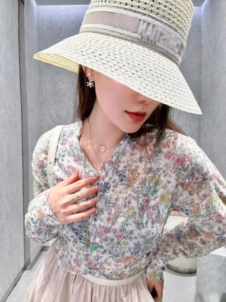 

High Street 2025 New Embroidery Colorful Wild Flower Cotton Printed Long Sleeve Shirt Shirt Women