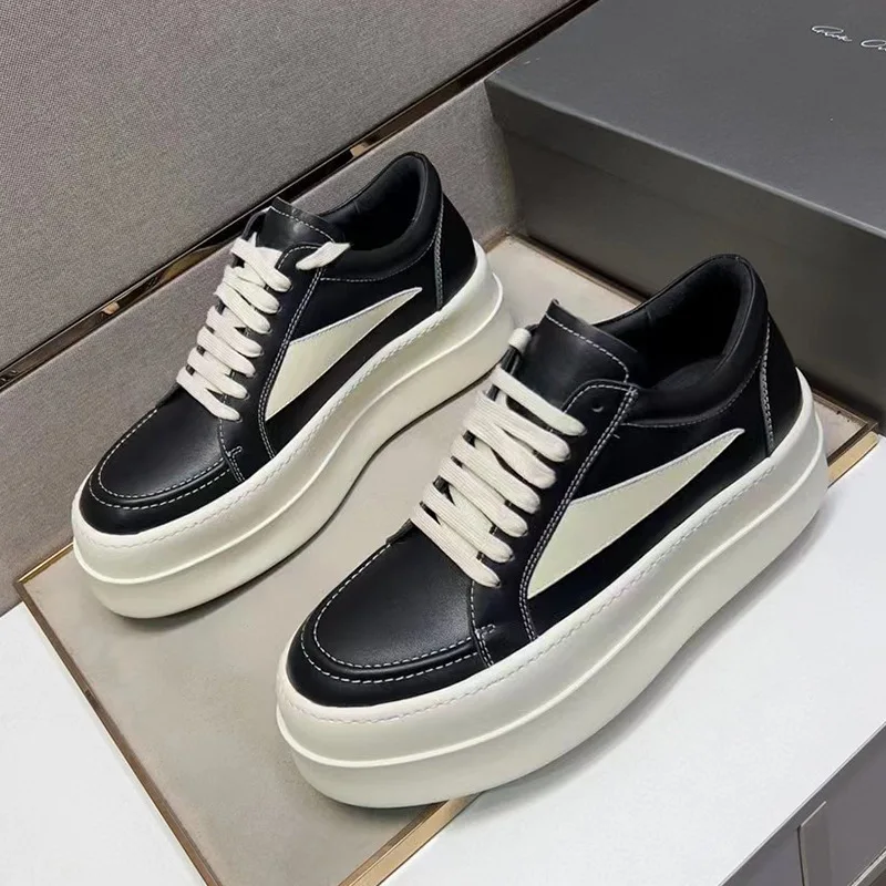 Retro Men Shoe Women Sneaker Black Leather Low Top Casual Shoes Lace Up 6cm Thick Sole Pantshoes Black Cowhide Flat Sneakers