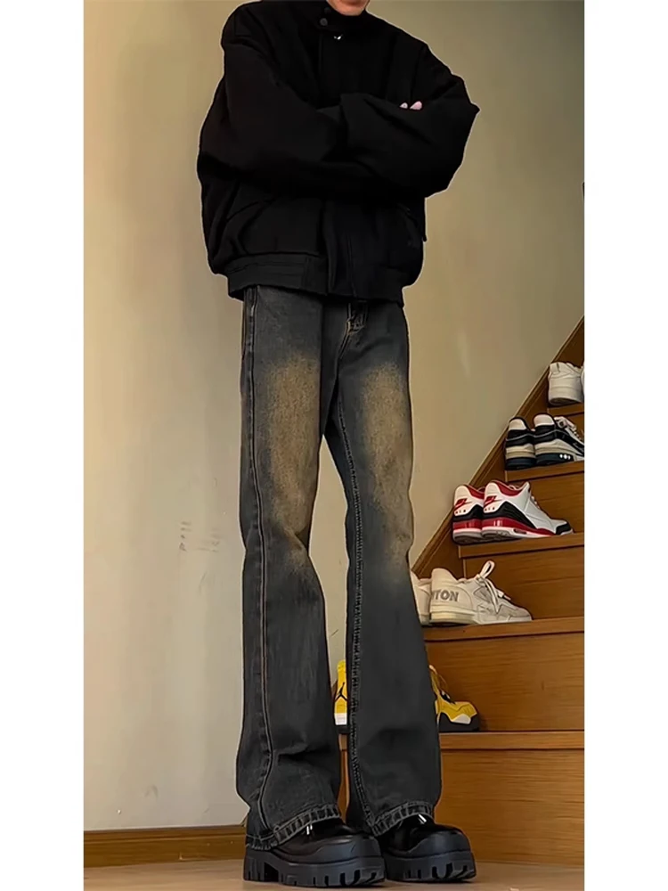 الرجال عالية الخصر Thiened Fce اصطف سليم صالح الجينز الشتاء خمر الأمريكية فيبي بنطال ذو قصة أرجل واسعة سكين بليد تصميم