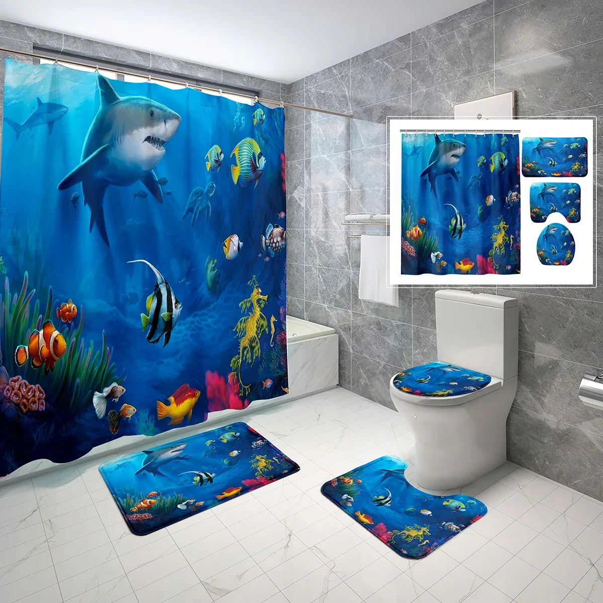 

4 Sets Natural Landscape Shower Curtain Sets with Non-Slip Bath Mat,Toilet Lid Cover and Underwater Wonders Shower Curtain Sets