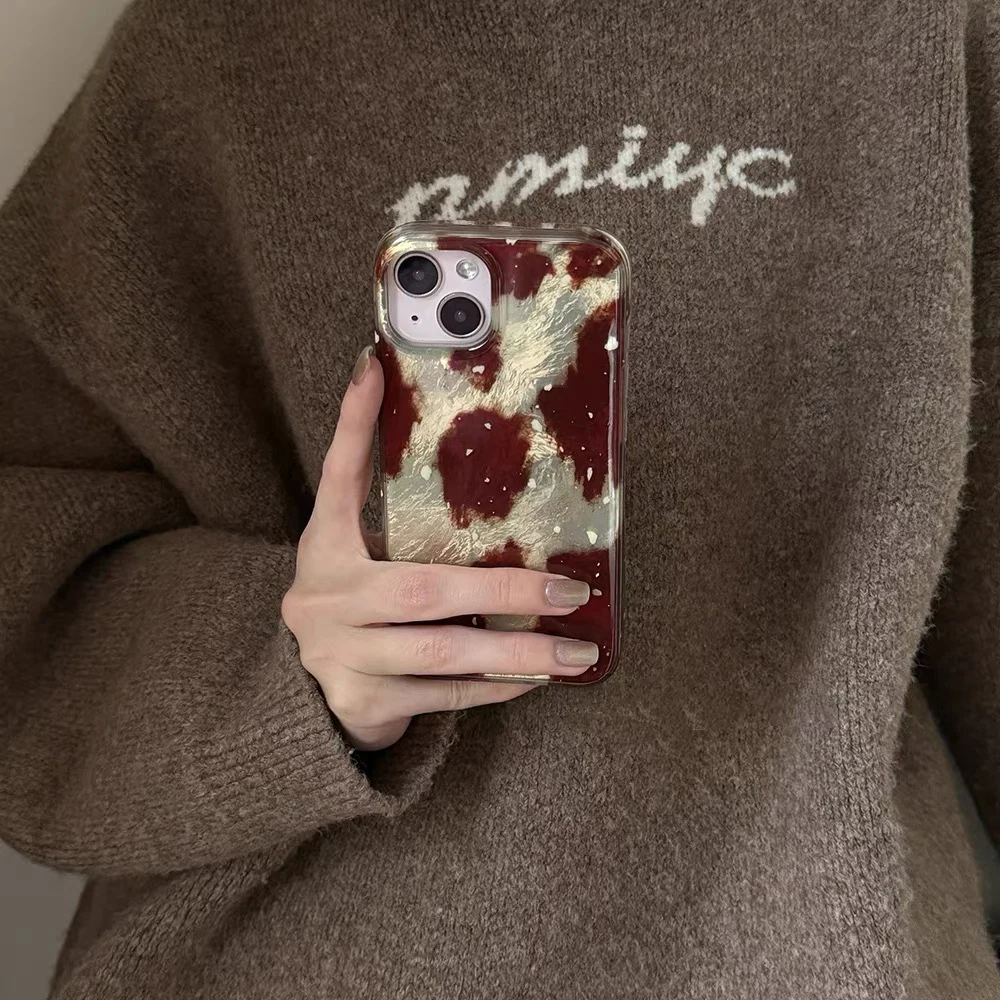 White splashed ink, red brown and yellow brown color block phone case with Plush ball chain for iPhone 11 12 13 14 15 16 pro max