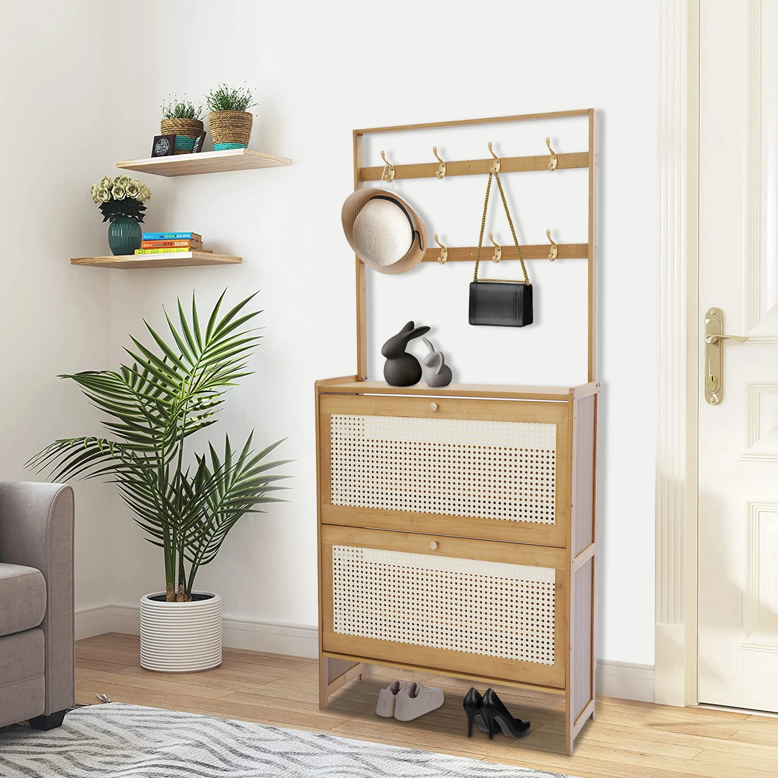 

27,5*9,4*59,84 дюйма, 2-уровневый шкаф для обуви с откидными дверцами и вешалкой для прихожей, гостиной, спальни, для хранения обуви, ключей, сумок