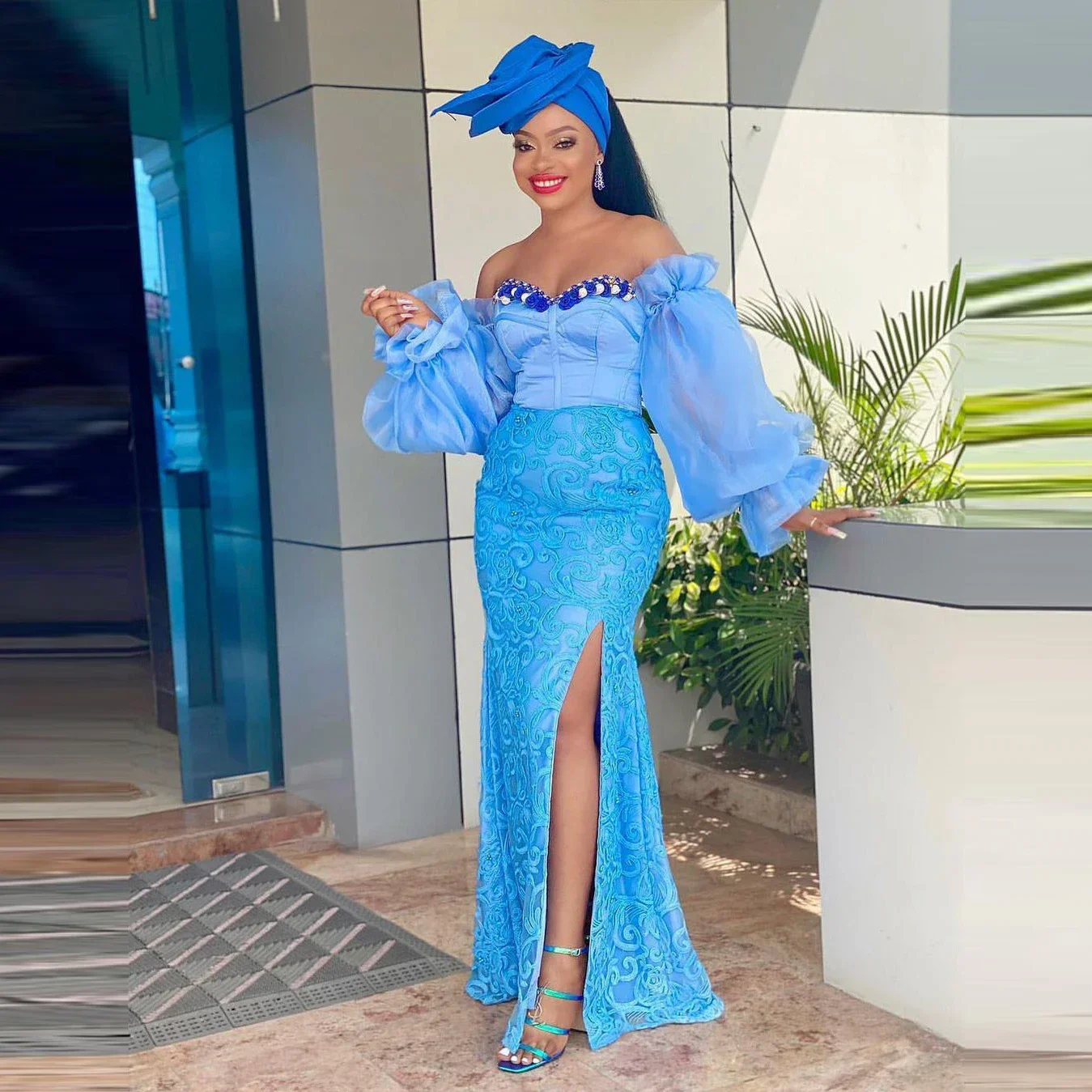 Elegant Detachable Sleeves Off Shoulder African Wedding Guest Gown Aso Ebi Formal Party Dress Nigerian Blue Lace Prom Dresses