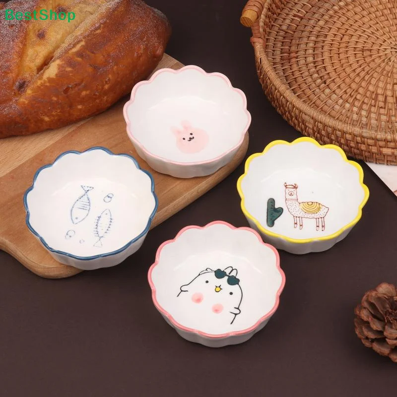 ☭Cute Cartoon Ceramic Sauce Dishes,Flower Shaped Small Dipping Bowls with Animal Prints,Cute Snack Bowls for Kitchen