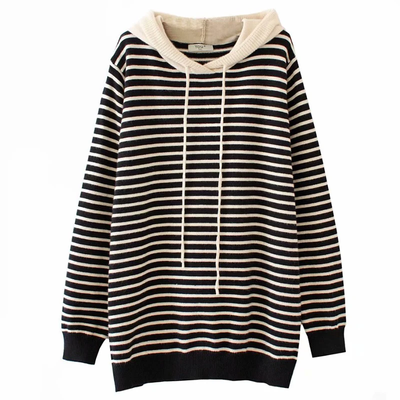 الراقية المرأة طويلة Sve محبوك سترة فضفاضة تناسب مقنعين مخطط العلوي الخريف الشتاء حجم كبير رداء علوي غير رسمي مريح