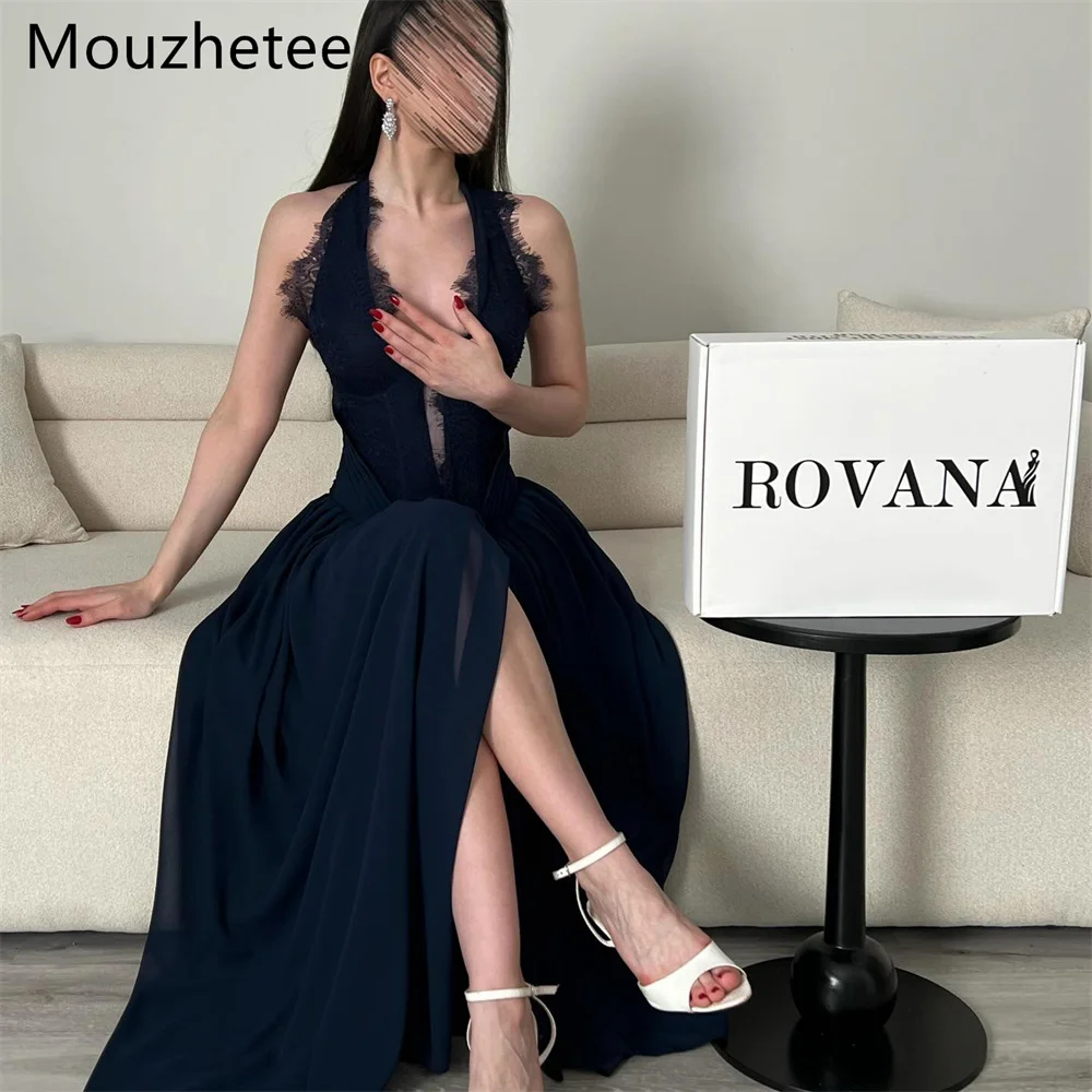 

Mouzhetee Elegant V-Neck Pleat Evening Dresses A-Line Formal Party Gowns for Women Lace Simple Prom Gown Customized 2026