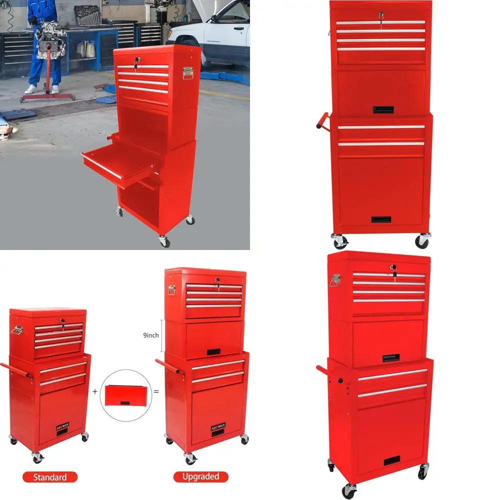 

Mobile 6 Drawer Lockable Tool Chest with 4 Casters, 2-in-1 Detachable Toolbox for Garage and Workshop in Red