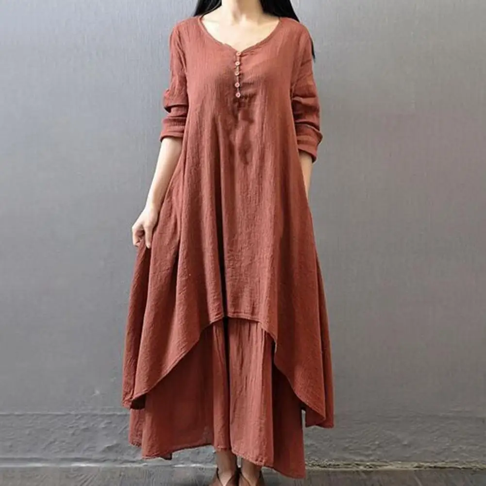 

Cotton Flax Fake Two Pieces Women Dress Vintage Irregular Hem Buttons Chinese Zen Costume Long Sleeve V-Neck Lady Maxi Dress