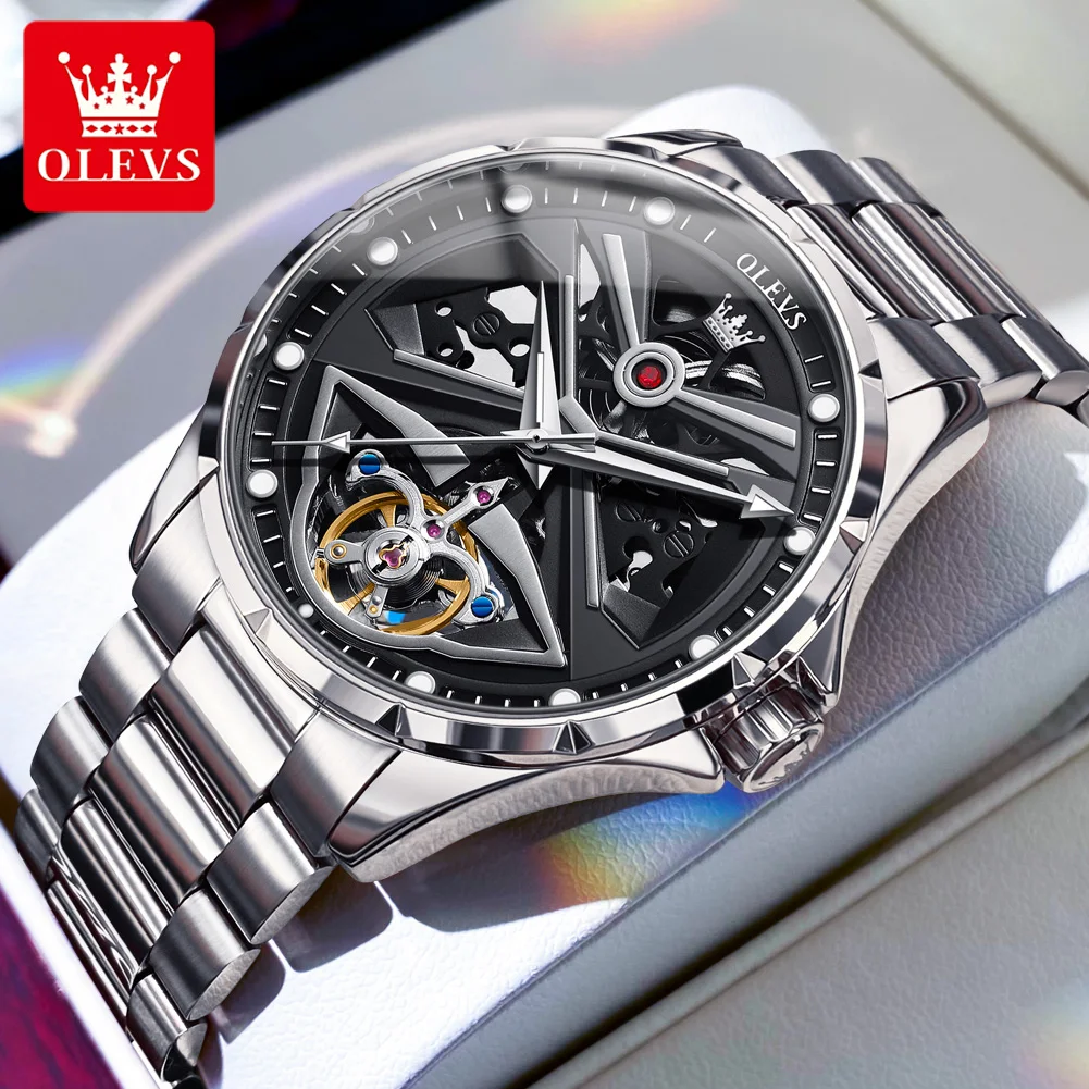 

OLEVS Men Automatic Watch Skeleton Luminous Waterproof Stainless Steel Leather strap Mechanical Watch for Men Relogio Masculino