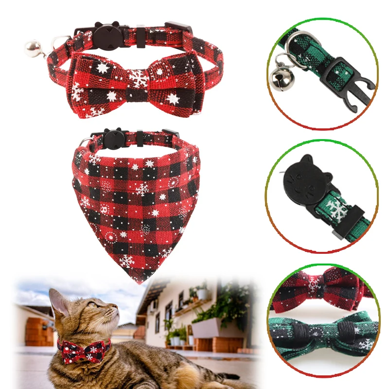

Festive Plaid Cat Collar with Breakaway Safety Buckle Adjustable Christmas Bow Bell Dog Necklace for Holiday Party Pet Accessory