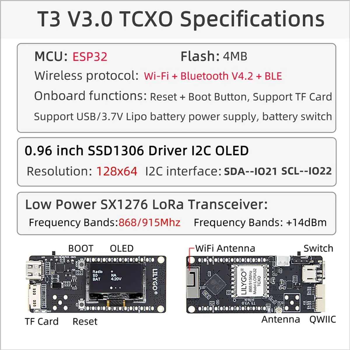 T3 V3.0 ESP32 WiFi & Bluetooth DEV Board SX1276 LoRa Module with 0.96-Inch OLED Display Support TF Card 915NHz