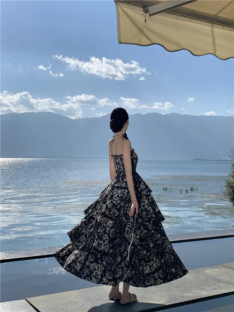 Summer French Black Strapless Holiday Dress Women New Fashion Floral Print Fairy Beach Dress Seaside Vacation Layer Cake Skirt