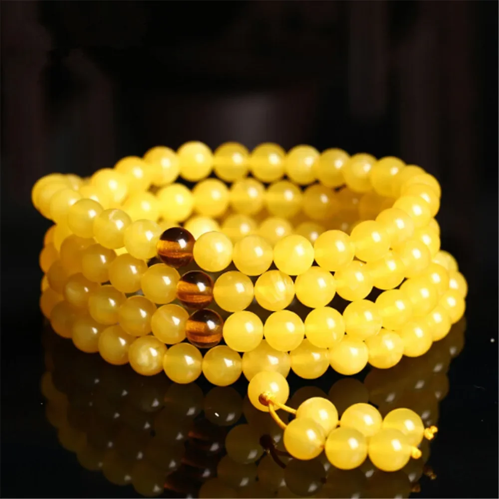 Tibetan 6-8mm Yellow Beeswax 108 Beads Bracelet or Necklace 4 Circle Wrap Men Women 108 Strand Mala Meditation Jewelry Amulet