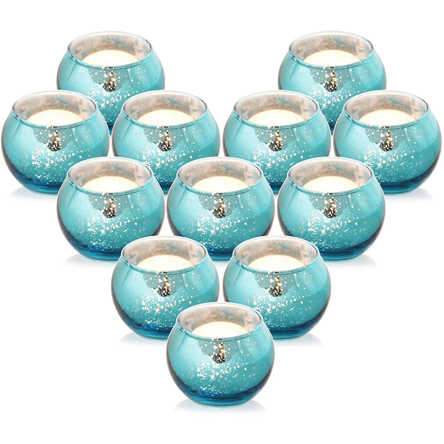 Round Blue Votive Candle Holders Centerpiece for Wedding Table,Room Home Decor Accessories,12 Mercury Glass Candle Holders Bulk