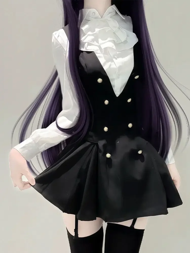 

2026 японский стиль Лолита винтажная рубашка женская + Y2k Harajuku готический черный жилет платья весна осень новые комплекты из двух предметов