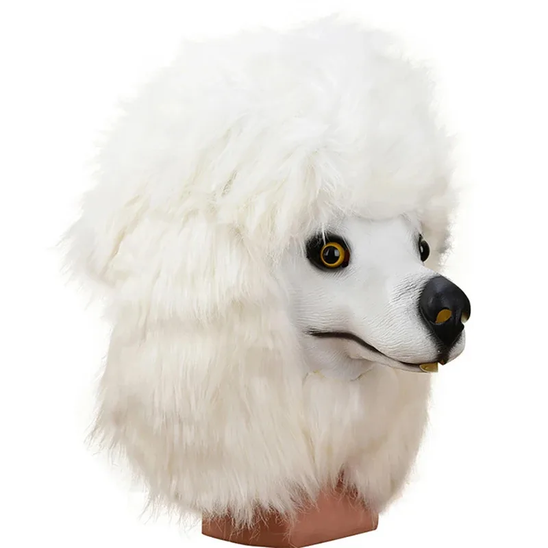 ホワイトプードルヘッドマスク毛皮のようなペットの犬のヘッドギア大人のリアルな動物ラテックスハロウィンコスプレ小道具パーティー hjk.5