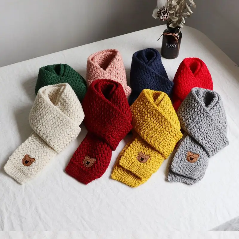 Winter Children Colors Soft Knitting Wool Thermal Scarf Boys Girls Lovely Outdoor Warmer Scarf Kids Solid Labelled Scarf