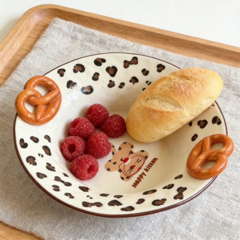 Leopard Print Cat Ceramic Tableware Home Dessert Bowls Rice Noodle Soup Bowls Dinner Plate Dish Set Exquisite Kitchen Tableware