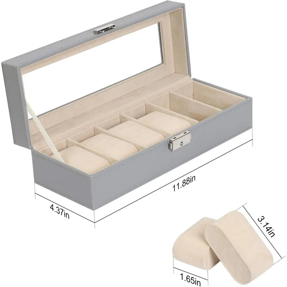 6 Slot PU Leather Watch Box with Glass Lid, Dustproof Display Storage Case for Men, Portable Travel Organizer Ideal Gift, Grey