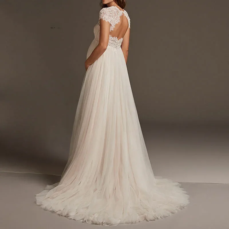 

customize Pregnant Wedding Dress Tulle Lace Cap Sleeve V Neck Maternity Bridal Gown For Robe De Mariee Vestido De Noiva