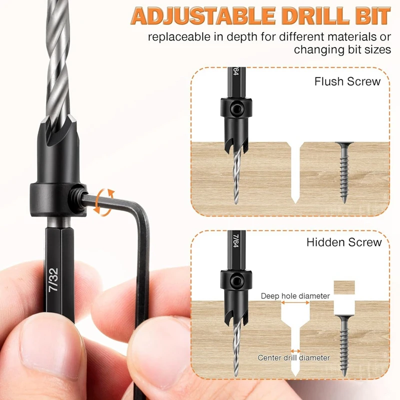 BEAU-Countersink Drill Bit Set, 5 Pcs Woodworking Tapered Drill Bits For 4, 6, 8, 10, 12 Screws, Replacement Bit Holder