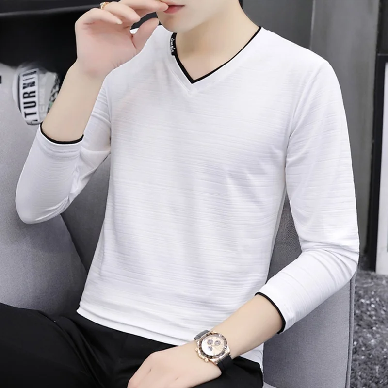 

Мужская приталенная футболка с длинным рукавом и V-образным вырезом, белая, модная, весенняя, из хлопка и полиэстера, немнущаяся