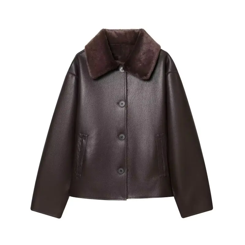 

Женская зимняя теплая двусторонняя куртка из искусственной кожи на одной пуговице, офисное пальто для поездок на работу и свидания, наряд