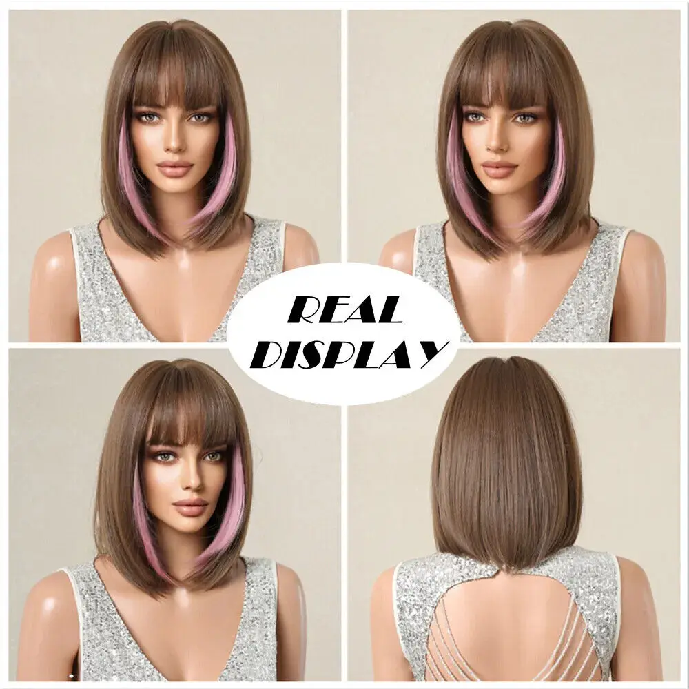 Short Brown Bob for Women Pink Highlight Wig with Bangs